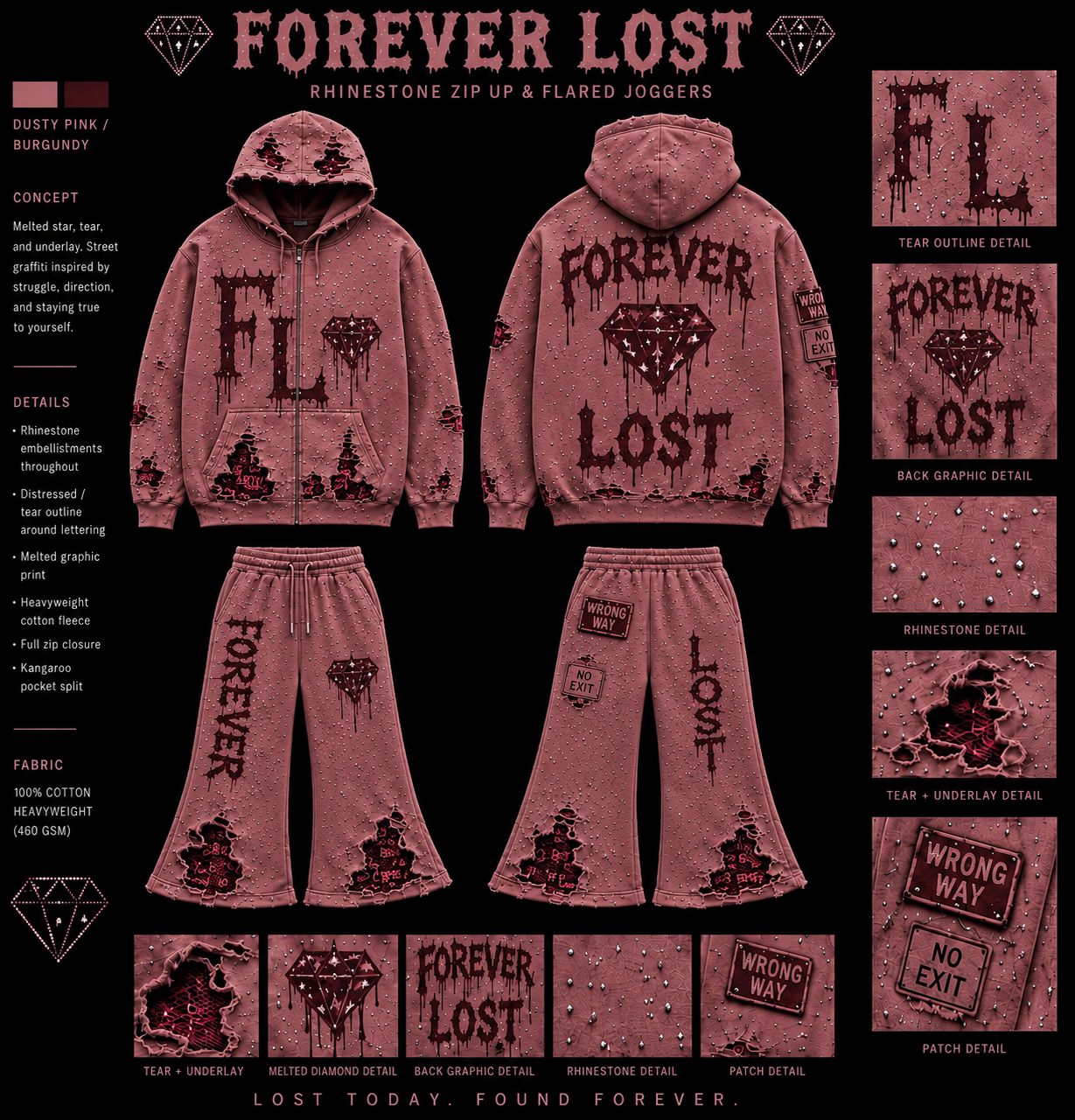 Dusty Pink Rhinestone Forever Lost Hoodie/Flared Joggers
