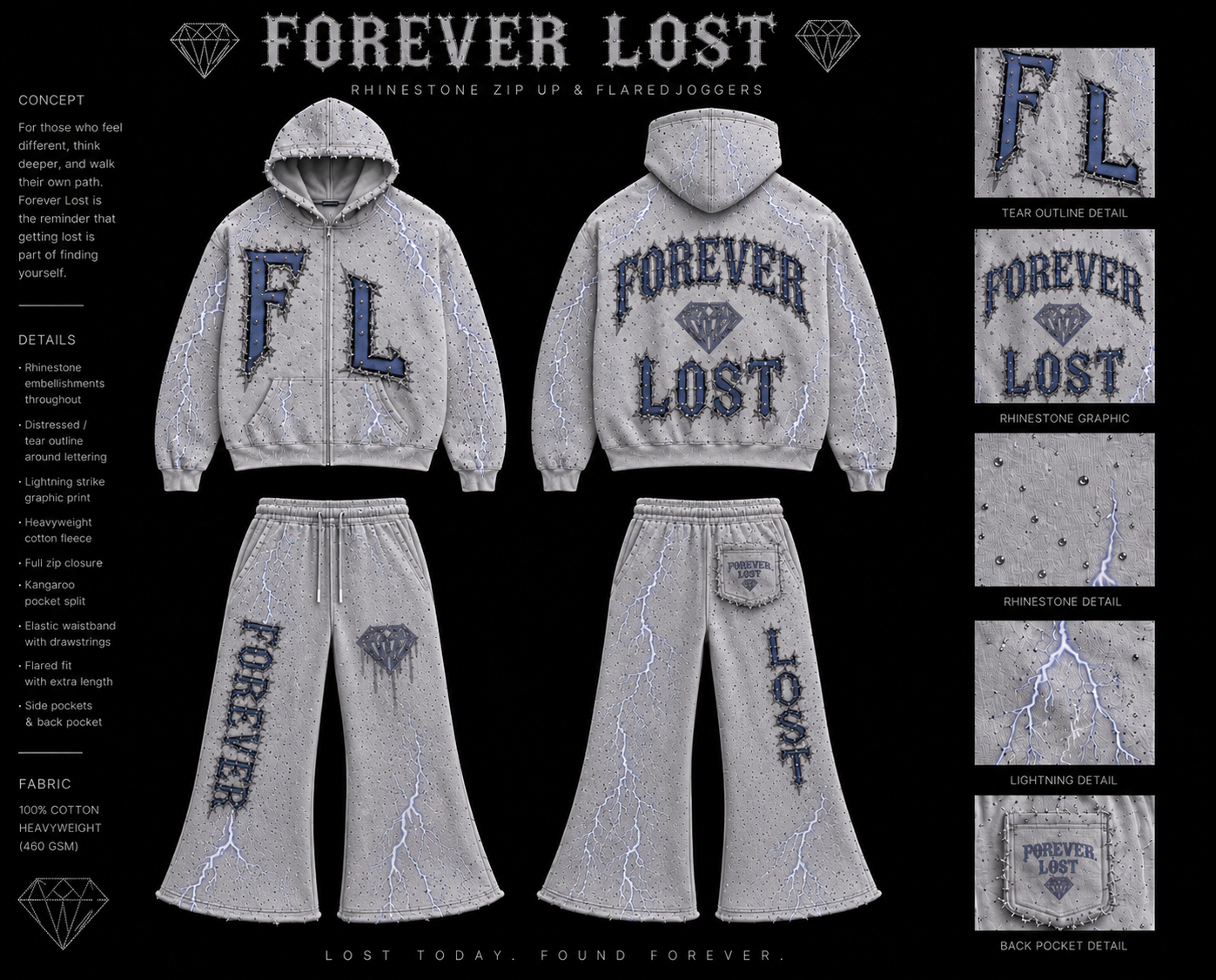 White Rhinstone Forever Lost Hoodie/Flared Joggers